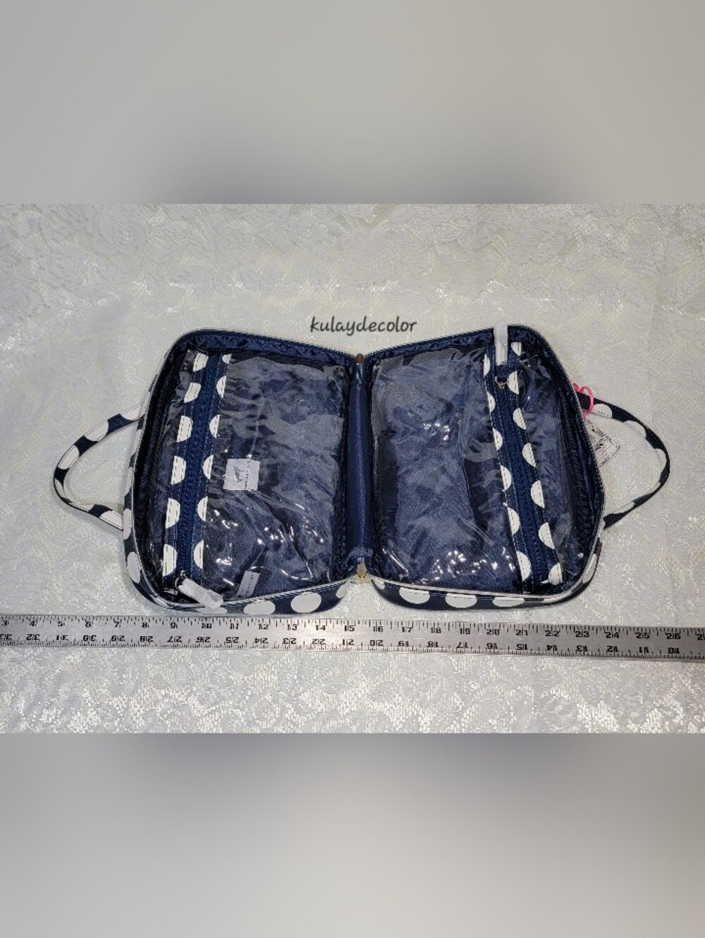 Dabney Lee Navy Blue White Polka Dot Cosmetic Travel Large Toiletry Bag Zip Tote - Picture 15 of 16